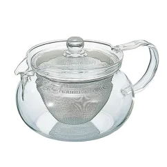 Théière Hario Chacha Kyusu-Maru d'une capacité de 450 ml en verre transparent.