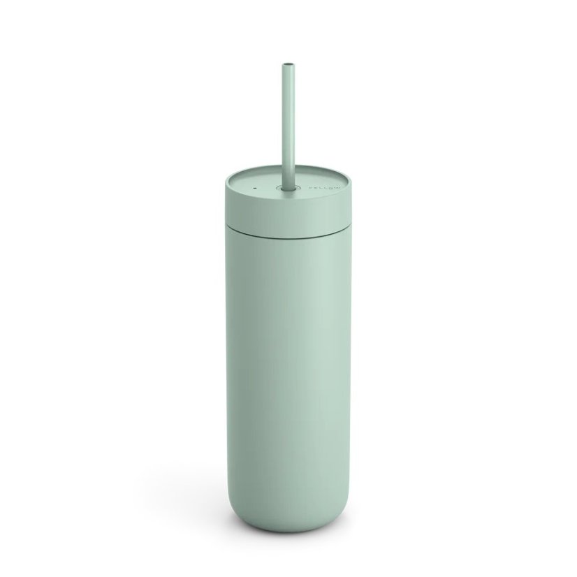 Mint-colored travel mug with a straw for cold beverages.