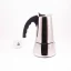 Silver moka pot with a black handle for 10 cups on a white background with a cup of coffee, side view.