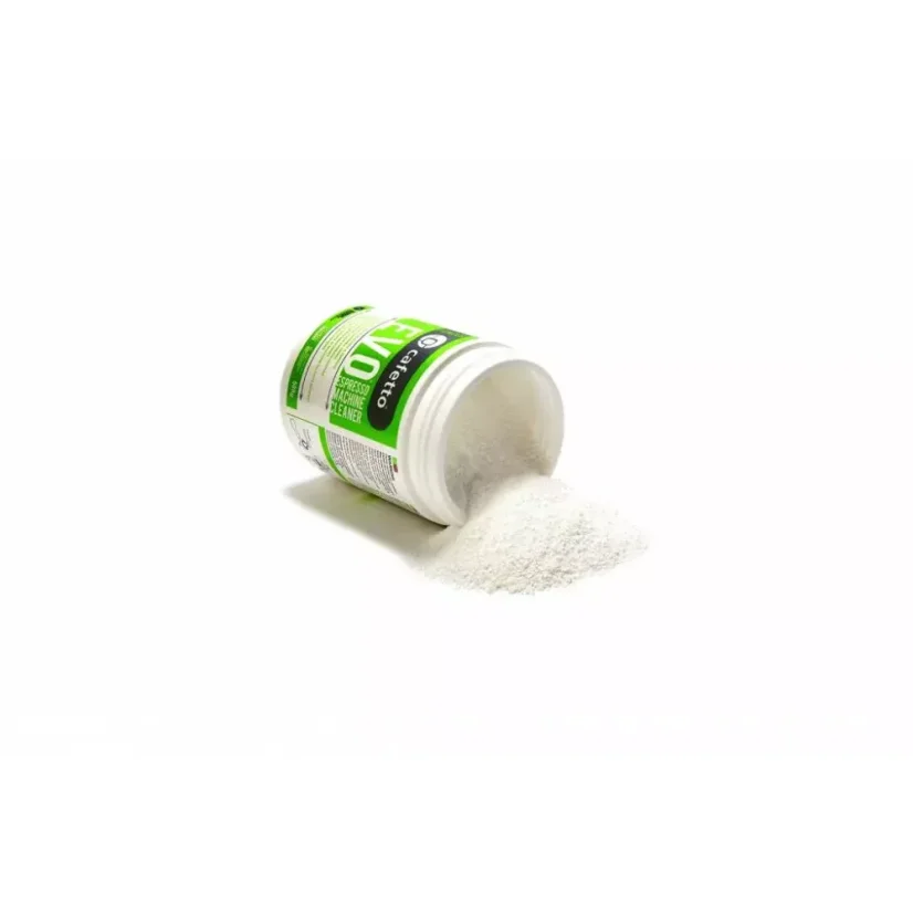 Nettoyant pour machine à café dans un emballage en plastique blanc avec une impression colorée.