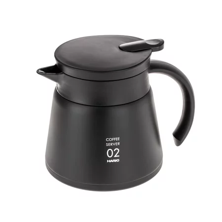 Une cafetière Hario Insulated Server V60-02 en acier inoxydable de couleur noire élégante d'une capacité de 600 ml.