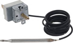 Eenfaser-Thermostat 0–60 °C, mat Metallkierper, enger Bedéngungswell, engem laangen opgerolltene Kabel an enger Sond um Enn.