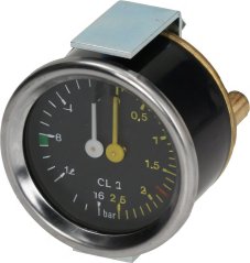 Ronnen Drockmanometer VFA EXPRESS mat engem schwaarzen Ziffersblat, enger wäisser a giele Zeeger an enger Montagehalterung uewen.