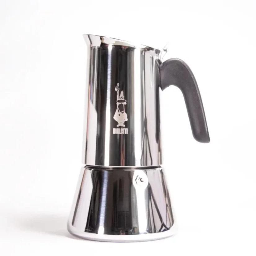 Stainless steel Bialetti New Venus moka pot for making 6 cups of coffee.