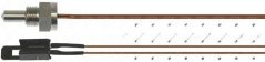 NTC-Temperatursond mat engem gewuente Metallstutz, engem brongen Kabel an engem schwaarze Stecker mat Draiten um Enn.