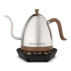 Rapid boiling kettle by Brewista in a luxurious silver finish with wooden elements, powered by electricity.