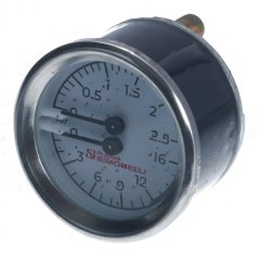Ronnt Manometer vum Kessel an der Pompel mat zwou Skalae a Bar an engem messege Gewënn hannen