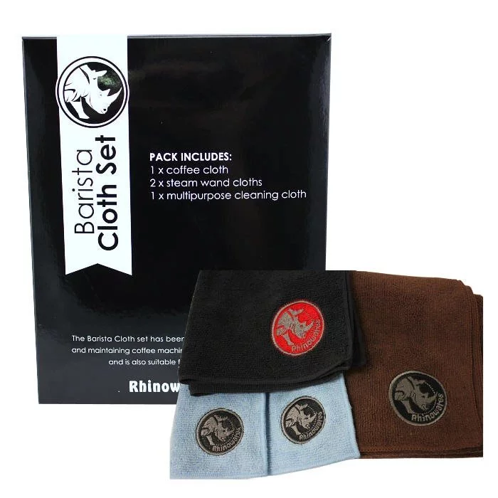 Rhinowares set of barista cloths with original packaging in the background