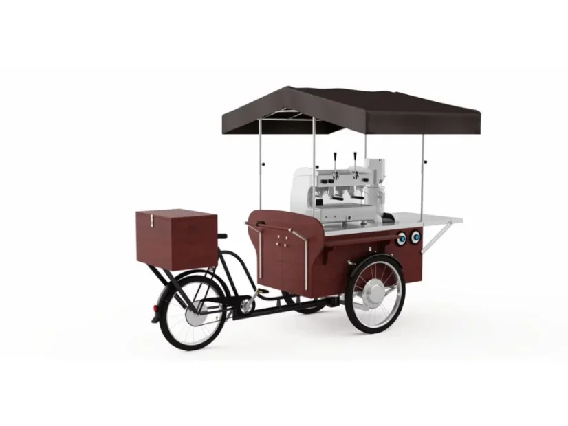 Prenosná kaviareň na kole – drevený coffee bike