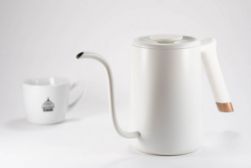 Timemore Fish Pure Over teapot with a cup of Spa Coffee.