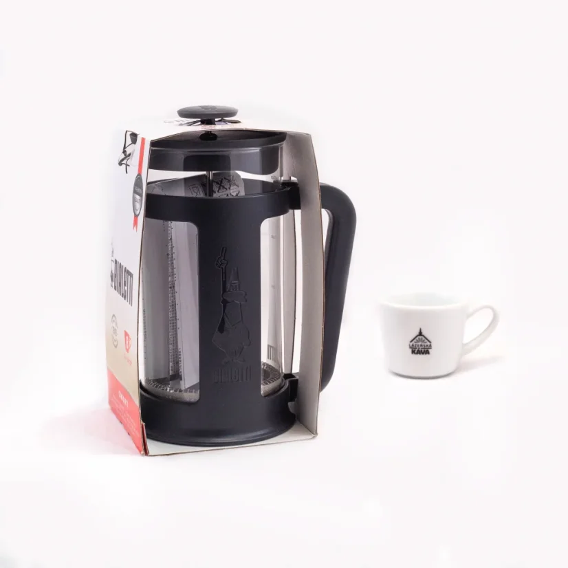 Čierny French press Bialetti Smart s objemom 1000 ml a dvojitou stenou pre lepšie uchovanie teploty nápoja.