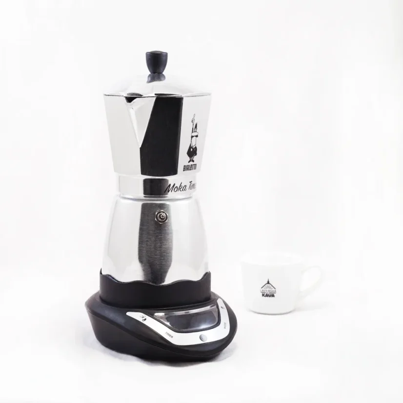 Stainless steel Bialetti Moka Timer coffee maker for 6 cups, ideal for making aromatic coffee.