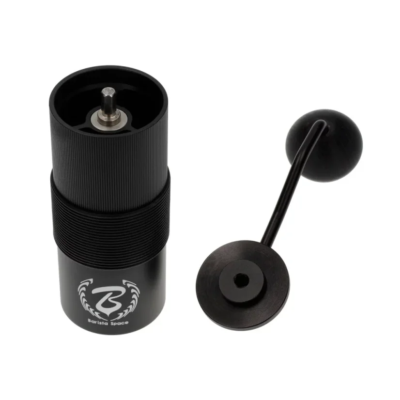 Hand coffee grinder by Barista Space in black, made from durable aluminum.