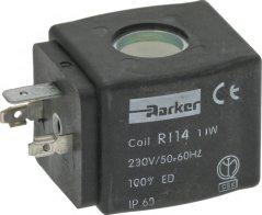 Schwaarz Spull vum elektromagnéitesche Ventil Parker mat engem Loch an der Mëtt a Pin-Ausgäng