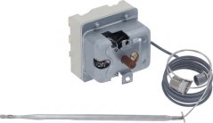 Sécherheetsthermostat an enger groer Metallschachtel mat Stëftanschlëss an enger laanger Kapillärleitung déi an enger Sond ophält Sécherheetsthermostat an enger groer Metallschachtel mat Stëftanschlëss an enger laanger Kapillärleitung déi an enger Sond ophält