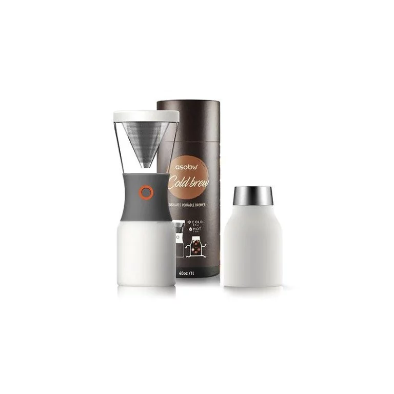 White Asobu coffee maker for home cold brew preparation, including packaging.