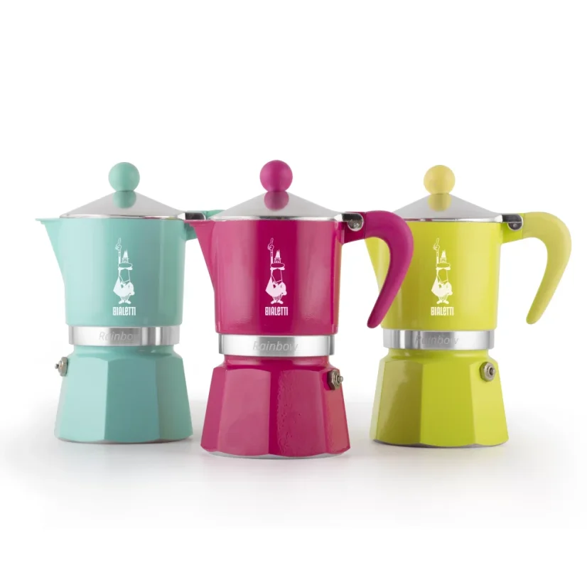 Colorful combination of Bialetti Rainbow 1 coffee makers.
