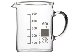 Low glass cup with handle, 600 ml capacity on a white background