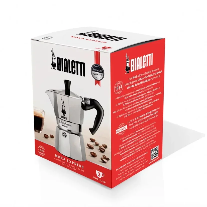 Bialetti silver moka pot for 3 cups in original box on a white background