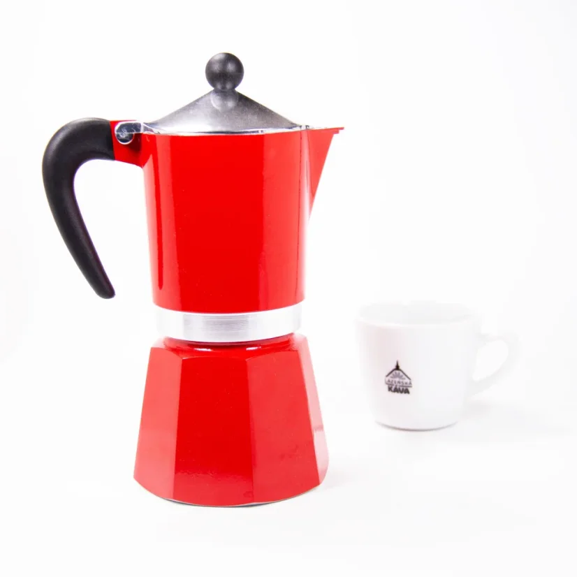 Rear side of the red Bialetti Rainbow 6 Moka pot.