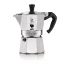 Silver Bialetti moka pot with a black handle for 3 cups on a white background