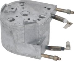 Alu-Boiler a zylindrescher Form mat dräi Metallpins fir d'Ausgäng a Montagelächer um Buedem.