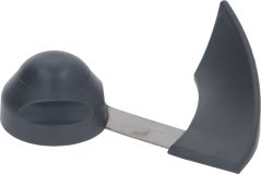 Groe Plastiks-Mixerhalter mat enger ronner Hülls an engem flaache Virsprong a Form vun enger Flossfeder