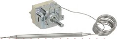 Eenfase Thermostat mat engem Metallkierper an engem sëlwerfaarwegen Kapillar zu engem Krees opgerullt, mat enger Sond mat verjéngter Spëtz um Enn.