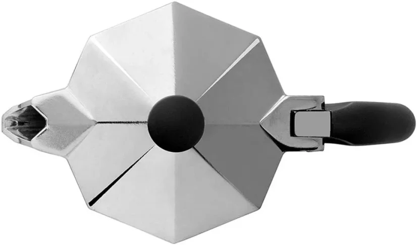 Silver Bialetti Moka Express pot for 3 cups on a white background, top view