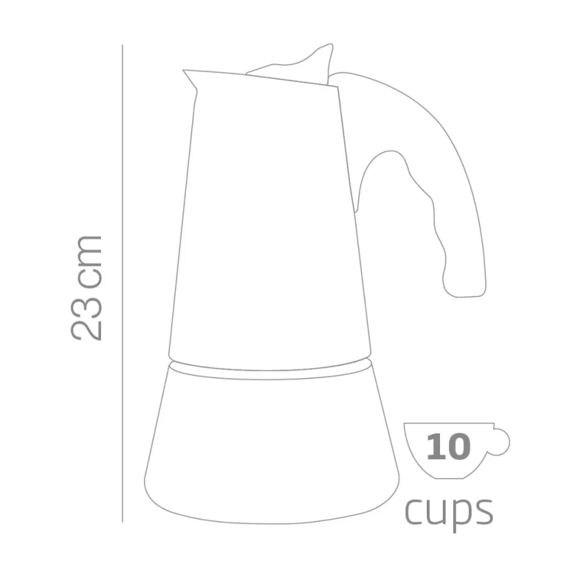 Original packaging of a silver moka pot for 10 cups on a white background