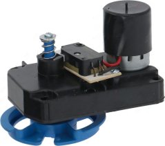 Getriebbaugrupp mat engem blo Plastikrad, engem Mikroschalter an engem klenge Motor.