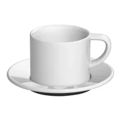 White porcelain cappuccino cup, 150 ml capacity, with saucer by Loveramics.