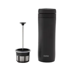 Podróżowy French Press i termos w jednym. Czarny kolor, 300 ml.