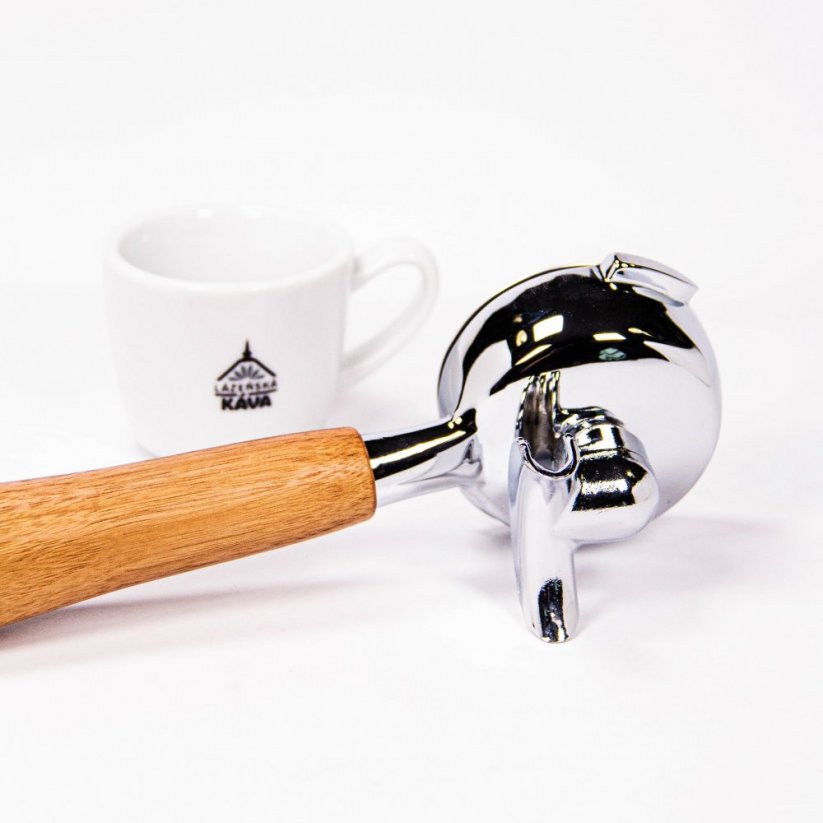 Portafilter double 58 mm with wooden handle walnut and cup of spa coffee.
