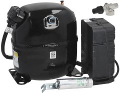 Kompressor Tecumseh AJ4480P/R mat engem schwaarze hermetesche Gehäus, engem Relais, engem Startkondensator an engem Wénkeluschloss. Kompressor Tecumseh AJ4480P/R mat engem schwaarze hermetesche Gehäus, engem Relais, engem Startkondensator an engem Wénkeluschloss.