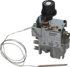 Gasventil Eurosit mat engem schwaarze Knäppchen, engem Aluminiumsgehäus, enger Kapillar an enger riichter Temperatursond.
