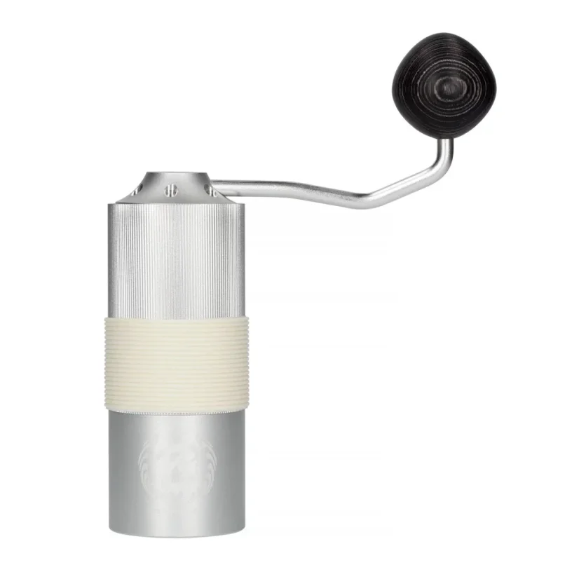 Manual coffee grinder Barista Space in silver with conical grinding stones for precise coffee grinding.