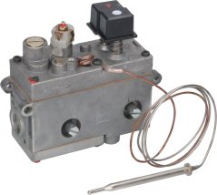 Gasventil Minisit mat engem Dréiknäppchen, enger schwaarzer Spull an enger Kapillar mat enger Temperatursond um Enn. Gasventil Minisit mat engem Dréiknäppchen, enger schwaarzer Spull an enger Kapillar mat enger Temperatursond um Enn.