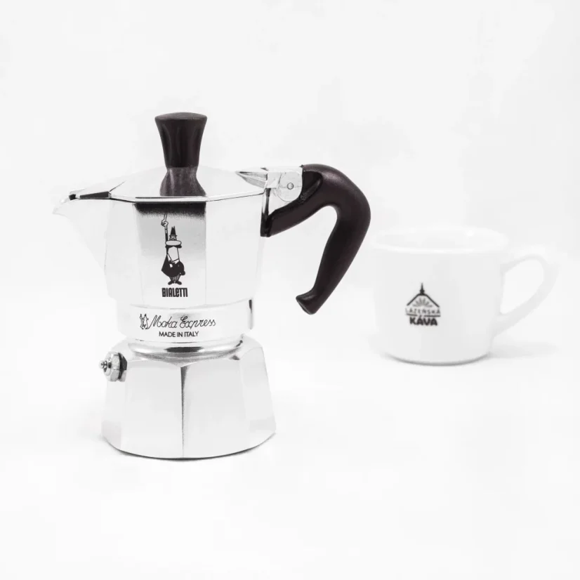 Silver Bialetti Moka Express coffee maker with 1-cup capacity.