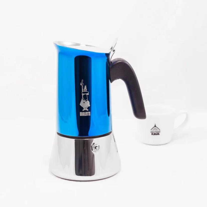 Bialetti New Venus Blue moka pot with a capacity for 6 cups in an elegant copper color.