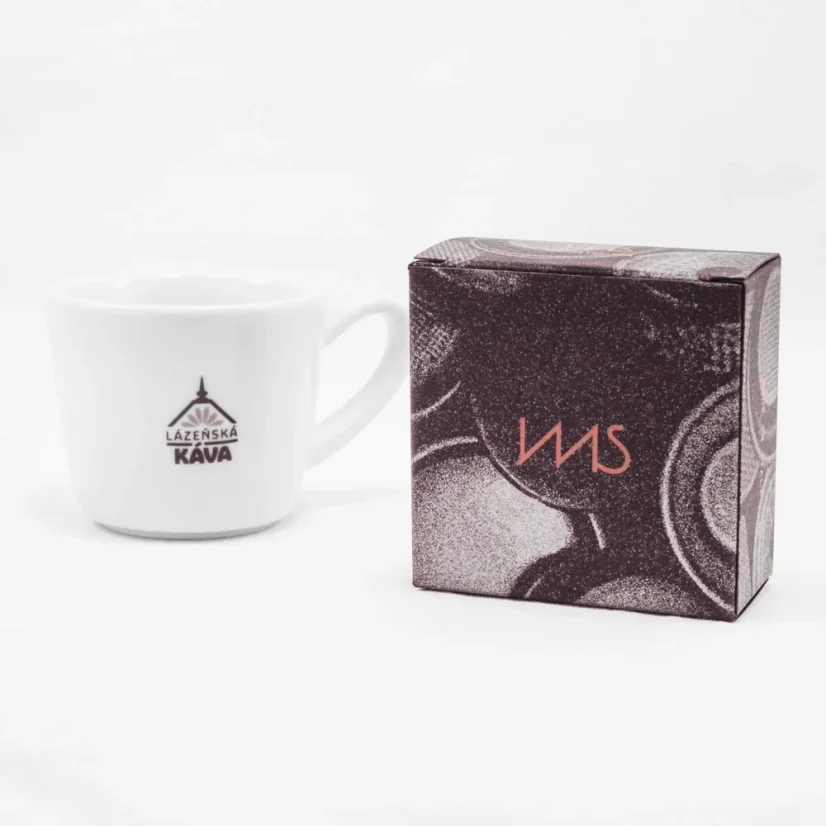 Silver IMS basket in an original gray-pink box on a white background with a cup; Portafilter baskets