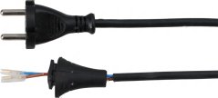 Netzkabel mat enger Netzstecker op enger Säit an engem zerluechten Konnektor mat Leedungen op der anerer.