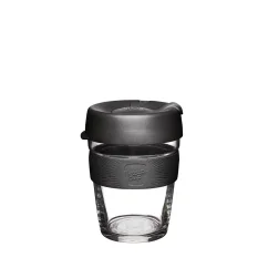 Glass thermal mug with a black lid and black rubber holder, 340 ml capacity