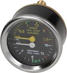 Ronnen Drockmanometer BRUGNETTI-AURORA mat engem schwaarzen Ziffersblat, den Opschrëften KESSELDRUCK a PUMPENDRUCK, engem giele an engem wäisse Zeeger.
