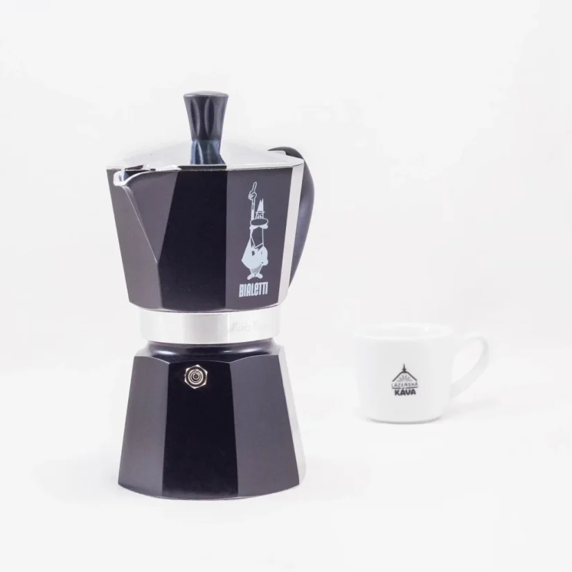 Bialetti Moka Express in black, suitable for heating on a halogen source, designed for six cups.