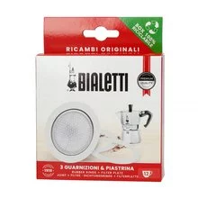 Set of three aluminum seals and one Bialetti strainer, specially designed for Bialetti Dama moka pots.