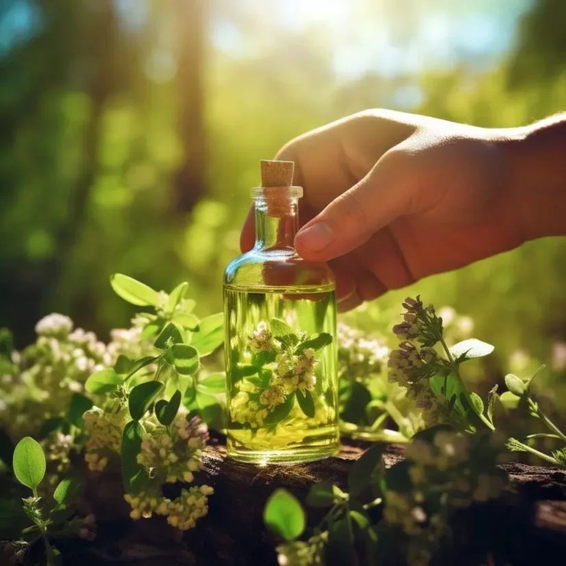 Flacon en verre contenant de l'huile essentielle d'origan 100 % naturelle, volume de 10 ml.