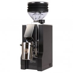 Zwarte elektrische koffiemolen Eureka Mignon Zero met chromen dispenser.