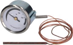 Ronnt Fern-Thermometer mat engem wäisse Ziffereblat, engem verchromten Kader an engem laange Kupferkapillar.