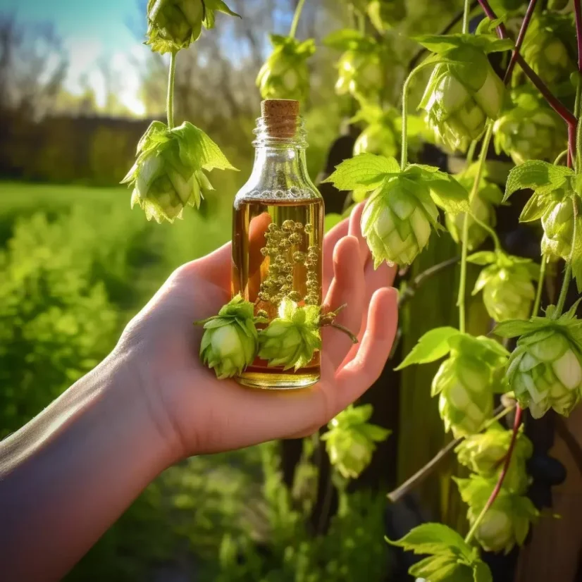 Glass bottle with 100% natural hop essential oil, 10 ml, with an herbal scent.